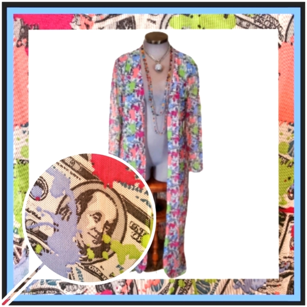 SHOW ME THE MONEY ☆ PAINT SPATTER PRINT MESH DUSTER/COVER-UP ☆ 2x ☆  NWT